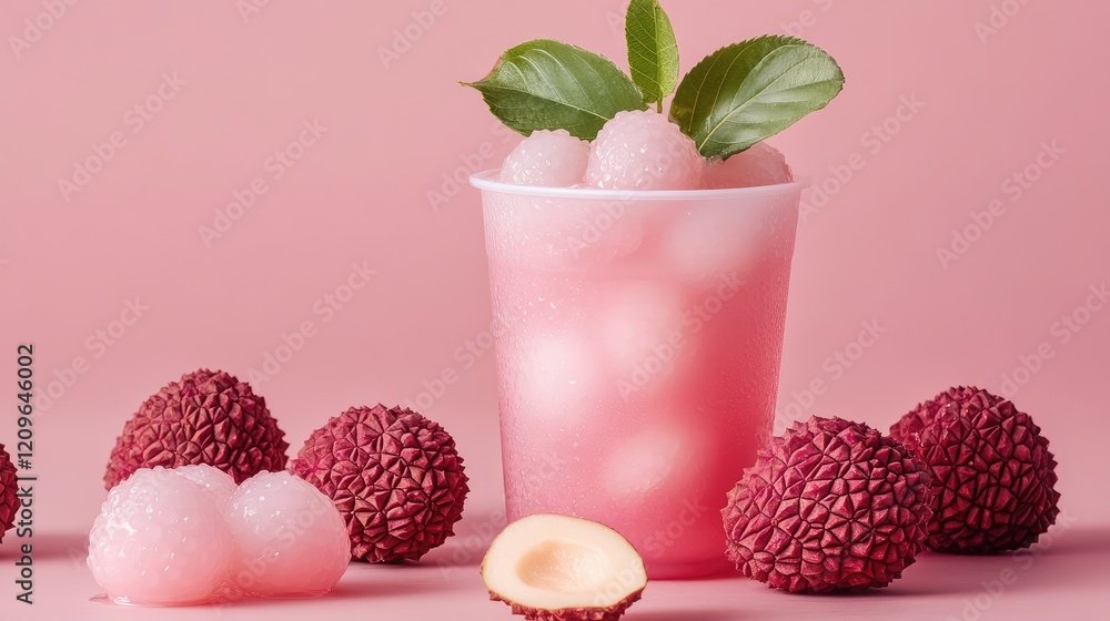 Poster refreshing lychee juice pouch display with ripe lychee fruit and ice in a cup on a soft pink backgro