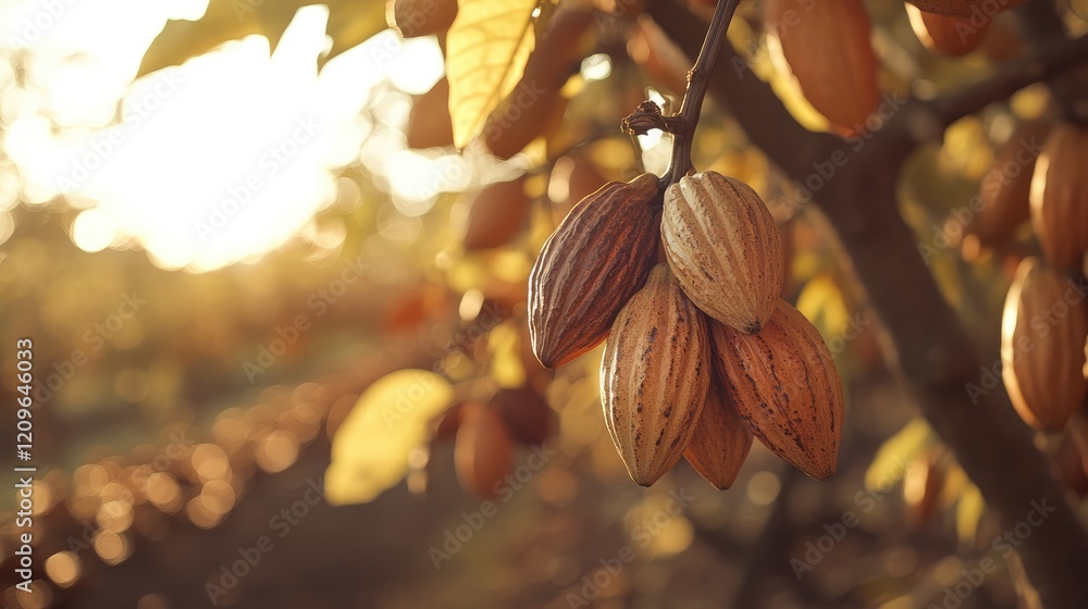Poster ripe cocoa pods hanging from a branch with a beautiful blurred cocoa plantation in the background at