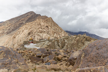 Tangtse Gompa at Tangtse in the Himalayan mountains of Ladakh, passing through the Pangong Lake Road in Ladakh, India.