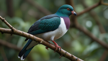 The kereru bird perches on a branch in the morning in its natural habitat