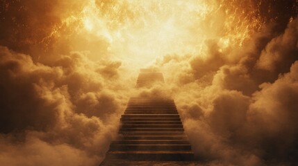 Stairway to heaven, golden clouds, bright light.