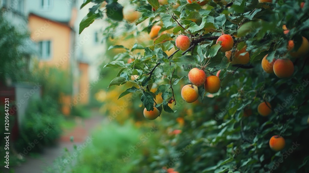 Aufkleber ripe apples hanging on branches in a lush garden setting with a blurred background of pathways and h