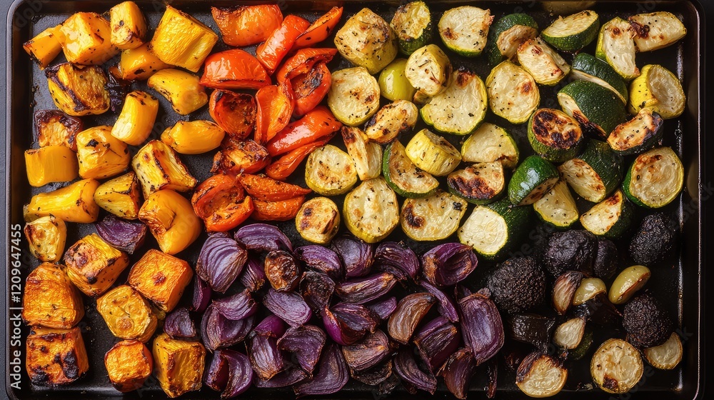 Poster mixed roasted vegetable assortment on a dark background featuring vibrant colors of red yellow and g
