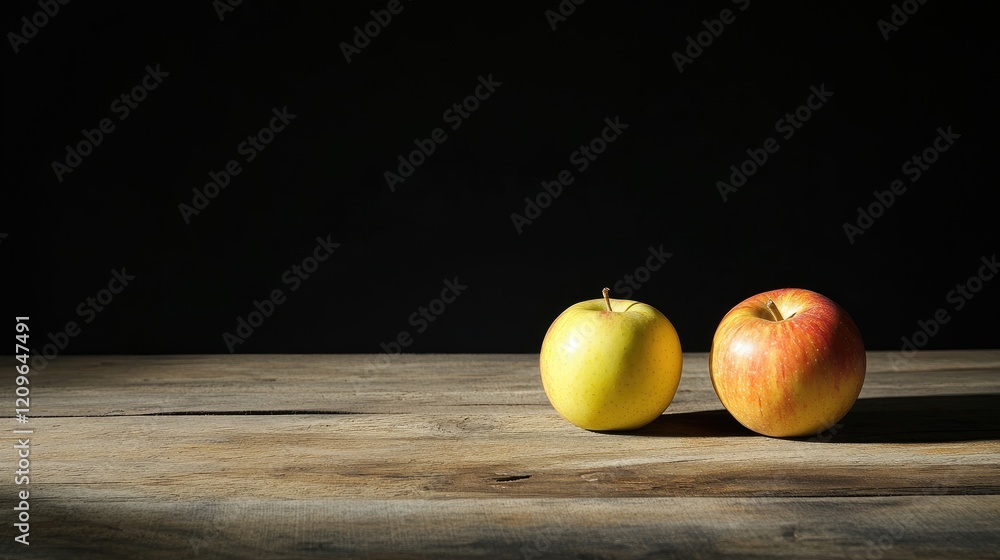 Poster fresh apples on rustic wooden table against dark background showcasing their vibrant colors and text