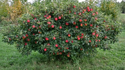 Ripe red apples hanging from a lush apple tree in a vibrant orchard on a sunny day showcasing a bountiful harvest.