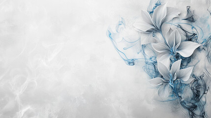 A white smoke floral pattern with blue lines, a gray background