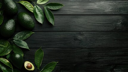 Obraz premium Ripe avocados with leaves arranged on a dark wooden surface for a fresh and natural food aesthetic background.