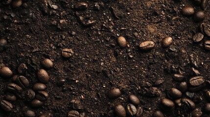 Close-Up of Dark Roasted Robusta Coffee Beans and Ground Coffee on Texture Background