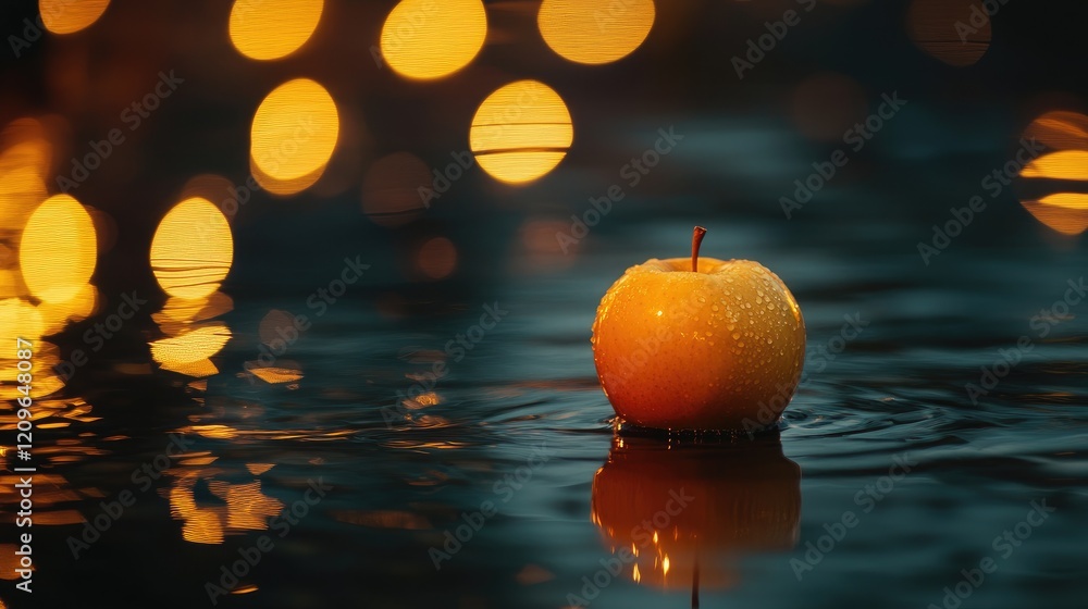Poster ripe apple floating on illuminated water surface with bokeh lights creating a serene and artistic am