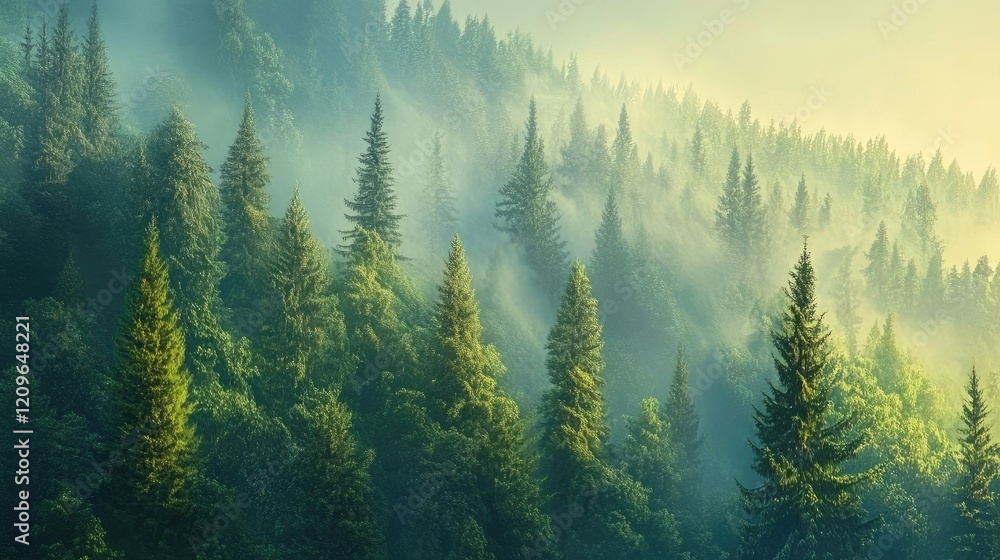 Poster lush green forest enveloped in fog creating a serene and tranquil atmosphere with varying shades of 