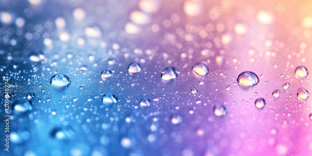 Poster vibrant gradient background with blue and pink hues featuring multiple water droplets creating a vis