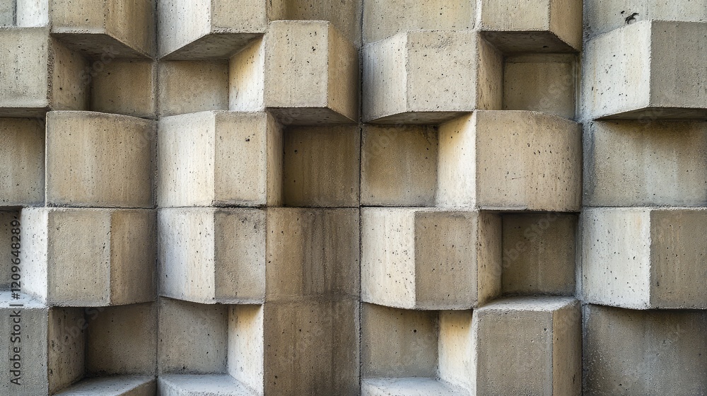 Aufkleber textured concrete block wall in neutral gray tones with geometric patterns captured at eye level in 