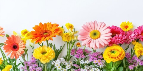 Bright floral arrangement with orange, pink, and yellow blossoms on a white background, spacious area for text, featuring daisies and ranunculus.