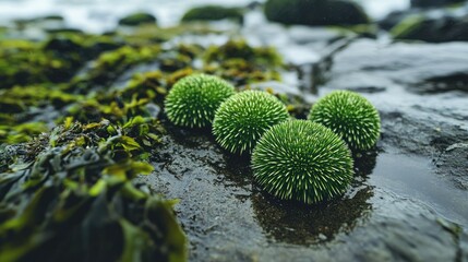 Sea urchins covered in green algae resting on a wet rocky ocean floor showcasing marine biodiversity and coastal ecosystems.