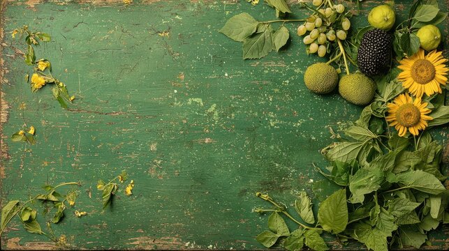 Green fruits, flowers, wooden background, summer harvest, food blog