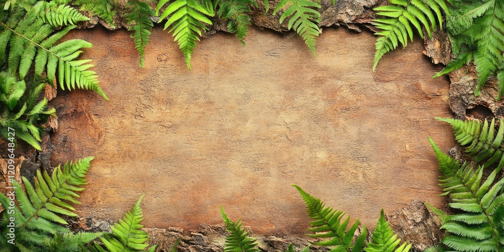 Poster vibrant green fern leaves frame a rustic textured bark background with earthy tones creating a natur