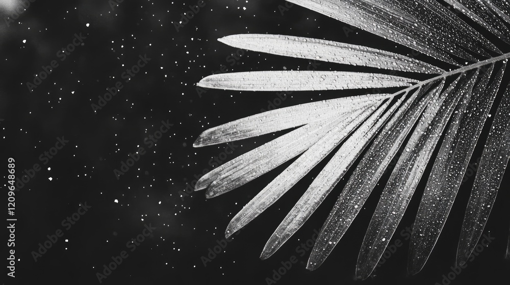 Poster textured palm leaf in dark tones with droplets and a blurred background creating a moody and atmosph