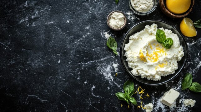 Ricotta cheese with lemon zest and spices on dark rustic background garnished with fresh basil leaves delicious gourmet food theme