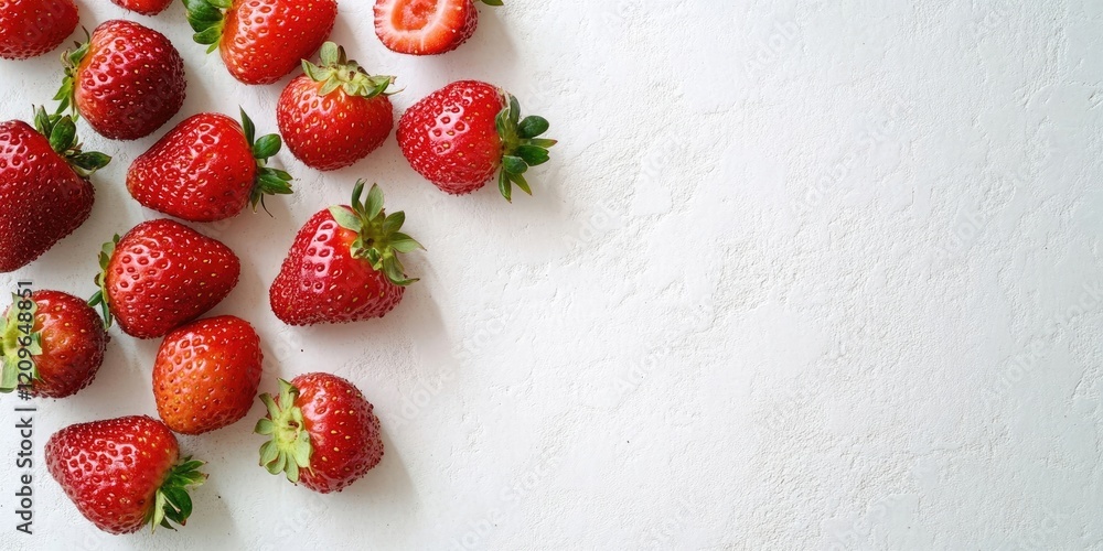 Poster fresh ripe strawberries in vibrant red scattered on a white textured concrete surface with ample spa