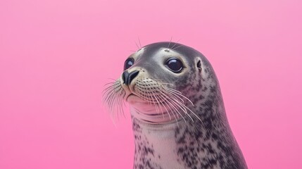 Seal portrait with pink background highlighting eyes and whiskers in a studio setting for creative and branding projects.