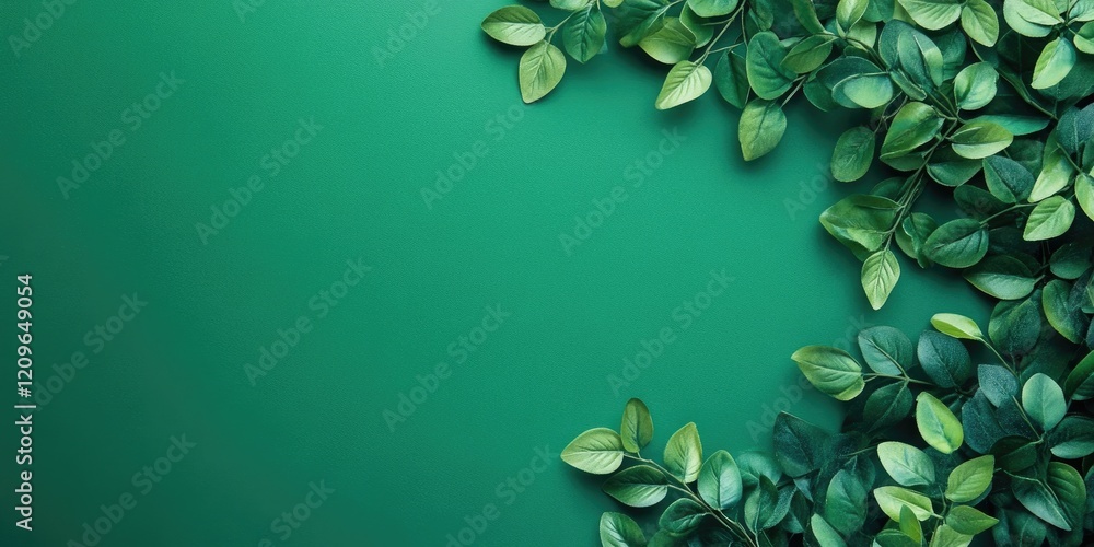 Poster vibrant green backdrop with leafy streaks in the top left corner creating a flat lay perspective fea