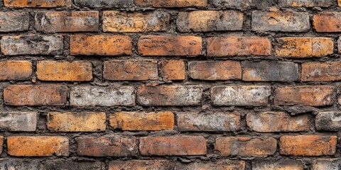 Obraz premium Weathered brick wall with a mix of orange and gray tones, showcasing unique textures and character in a horizontal arrangement.