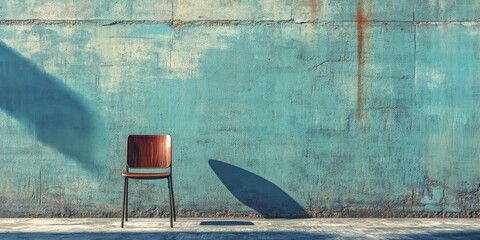 Wooden chair positioned in front of a textured teal wall with rust accents casting a long shadow on the ground in soft lighting.