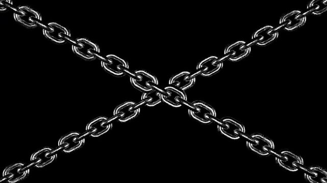 Crossed rough silver chains endlessly pull like overlay, background with alpha channel 3d render. Chains design element, data loading, establishing links, connecting, merging, grunge style