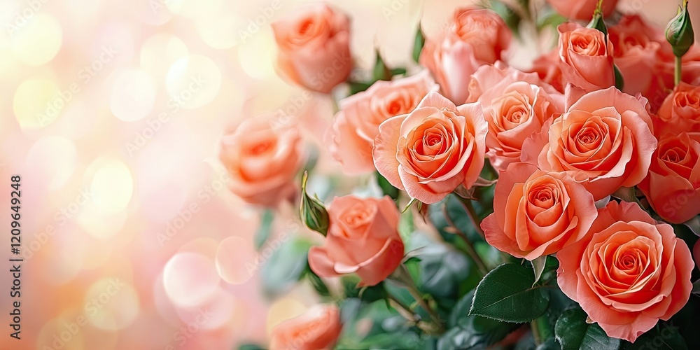 Poster soft peach roses arranged artistically on a blurred warm background with ample copy space for text, 