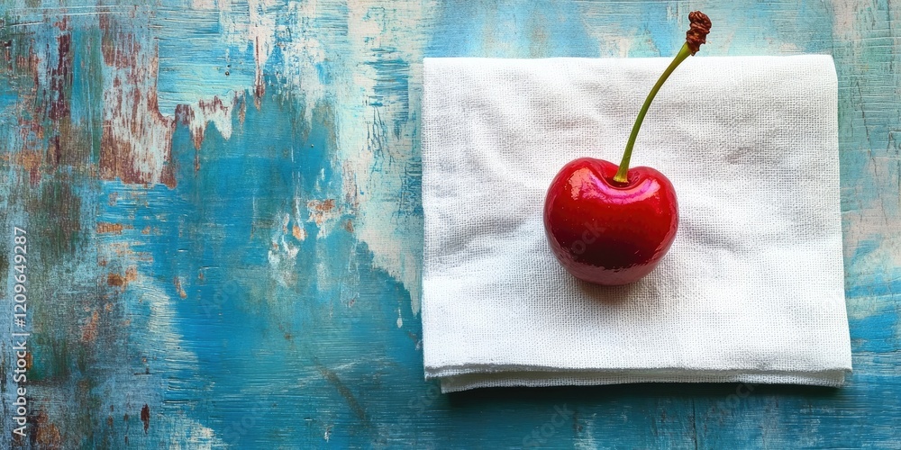 Aufkleber shiny red cherry resting on a white napkin on a textured blue wooden background with splashes of col
