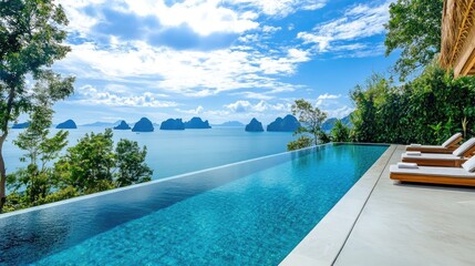 Fototapeta premium Stunning infinity pool overlooking serene sea landscape with dramatic clouds and lush greenery in a tropical paradise setting