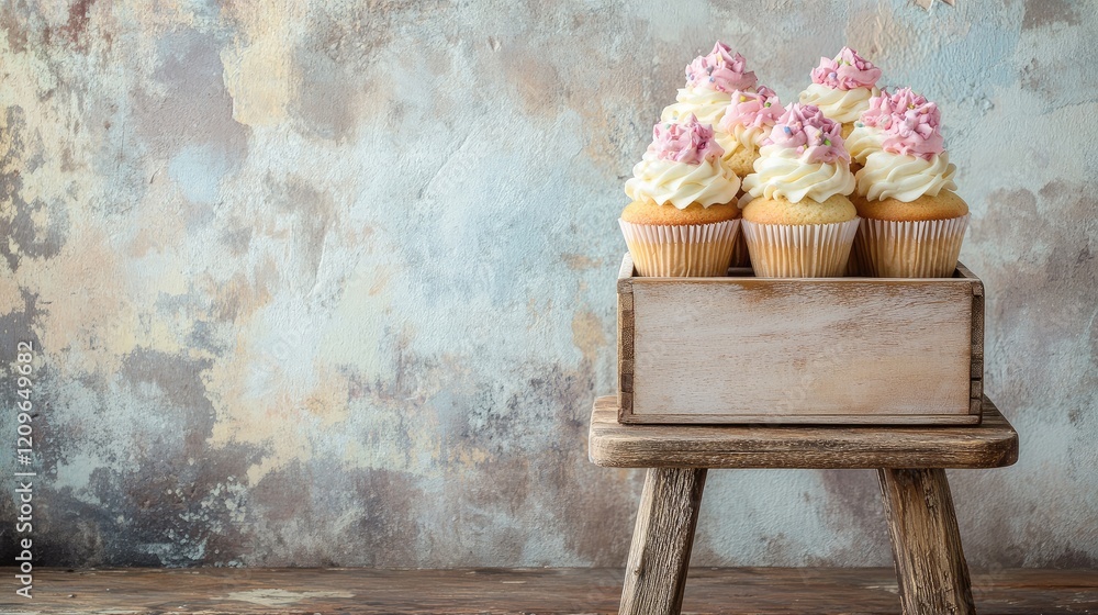 Poster charming wooden box filled with delicious cupcakes displayed on an easel against a rustic wall backd