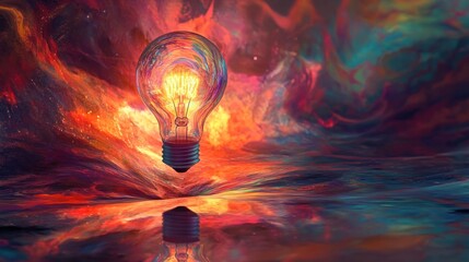Glowing lightbulb in vibrant, cosmic landscape.