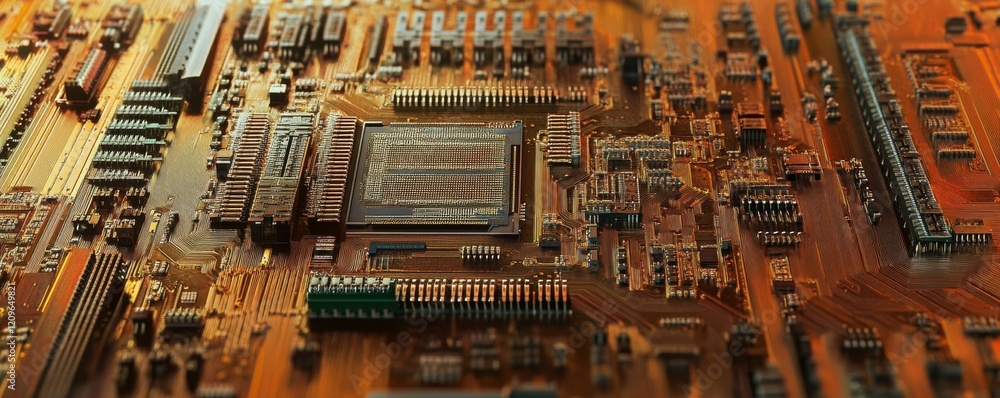 Poster a close-up of a computer chip, its intricate circuitry packed with millions of transistors, the foun