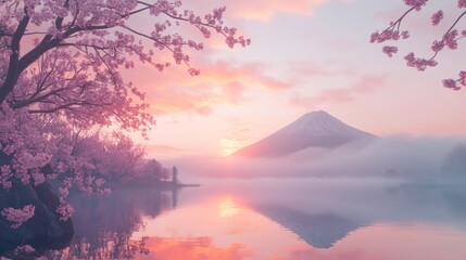 Obraz premium Serene sunrise over majestic Fuji mountain, reflected in calm lake, framed by blossoming cherry trees.