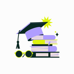 Graduation Cap On Stack Of Books With Glasses In Flat Vector Illustration Symbolizing Education, Knowledge, And Academic Success, Isolated On White Background.