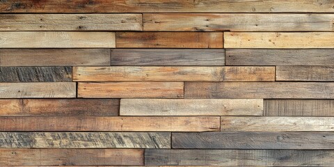 Naklejka premium Rustic wooden plank wall texture with a mix of browns and grays, arranged horizontally, showcasing natural grain and warm lighting.