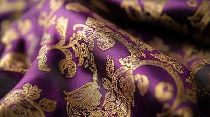Luxurious purple silk with intricate gold brocade detailing for elegant textile design presentations