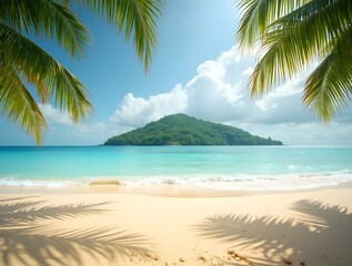 Obraz premium Tropical Island Beach Scene with Palm Trees and Turquoise Water