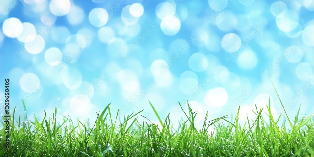Poster vibrant green grass in the foreground against a soft blue bokeh background with light reflections cr