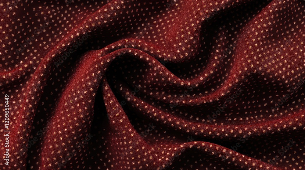 Poster Luxurious rich red silk fabric texture with intricate folds and subtle dotted pattern for elegant design projects.