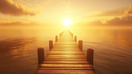 Obraz premium Golden sunset over calm ocean with wooden pier extending to horizon.