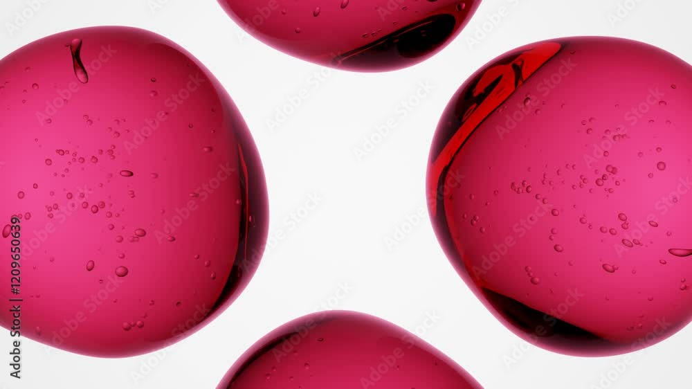Poster seamless 3d animation of transparent pink liquid droplets with air bubbles floating vertically on a 