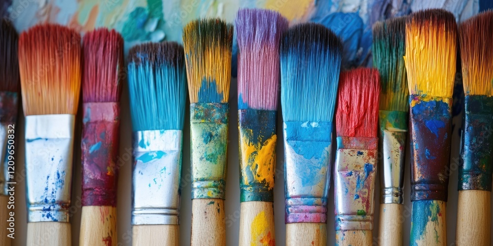 Poster vibrant array of paintbrushes with colorful bristles in warm reds oranges blues greens and yellows a