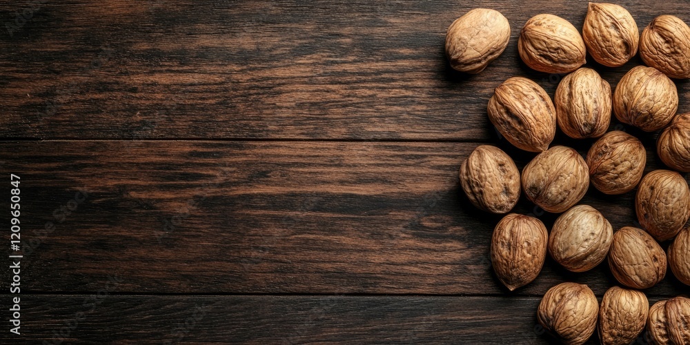Poster walnuts arranged on a dark wooden surface with abundant negative space on the right side ideal for t