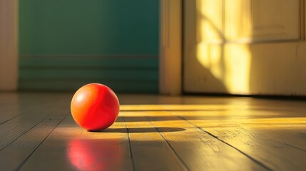 Bright red rubber ball resting on wooden floor in sunlit indoor space creating warm shadows and inviting atmosphere.