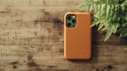 A biodegradable phone case made from plant-based materials next to a smartphone on a rustic wooden surface