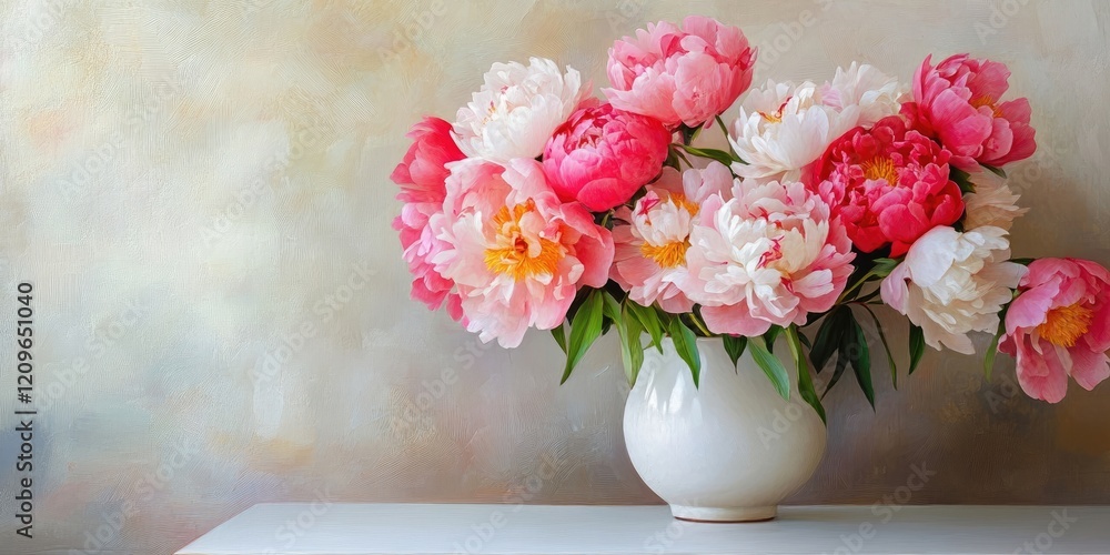 Poster vibrant pink and white peonies in a white vase on a light gray background with ample space for text 