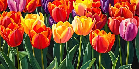 Obraz premium Colorful tulip field in spring with vibrant red, yellow, purple and pink flowers blooming amidst lush green leaves under bright sunlight