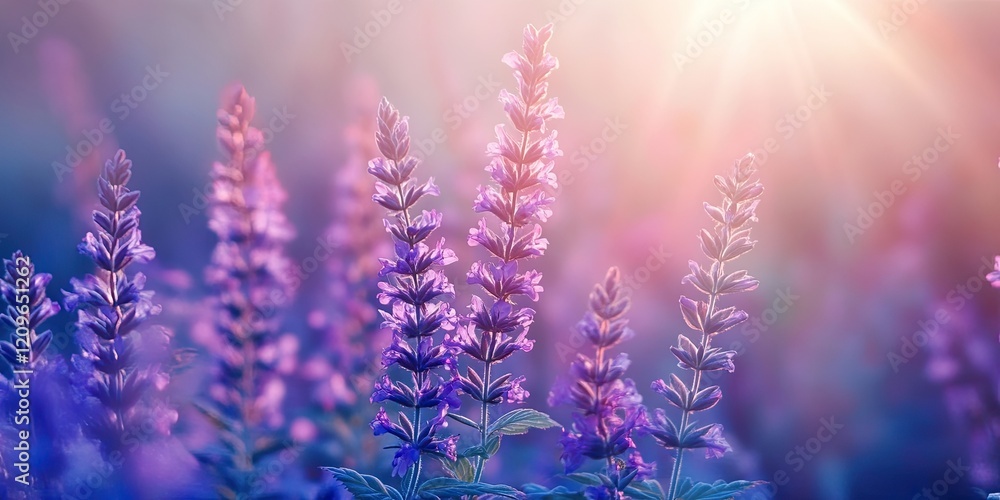 Poster vibrant purple dead nettles in soft sunlight with gentle bokeh effect focus on foreground flowers an